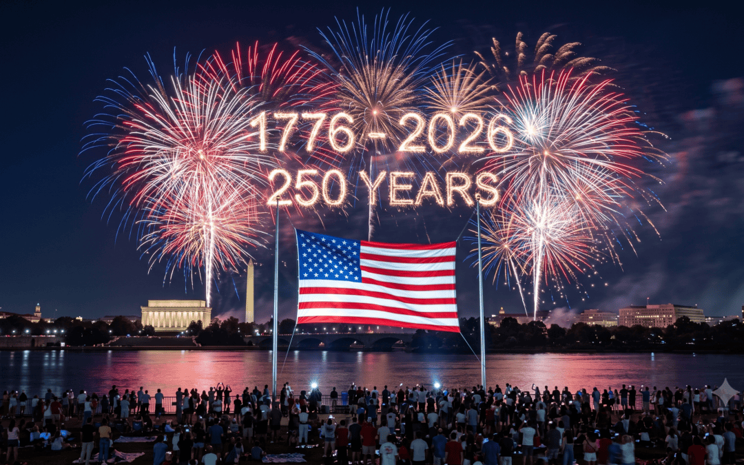 Independence Day 2026 fireworks over an American flag marking America's 250th anniversary